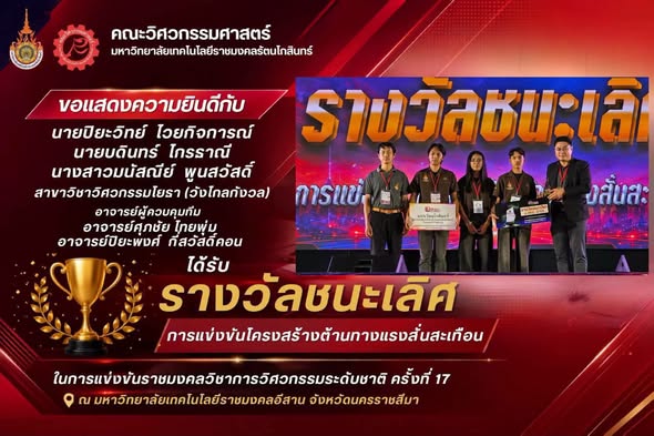 นักศึกษาสาขาวิศวกรรมโยธา คว้ารางวัลการแข่งขันราชมงคลวิชาการฯ